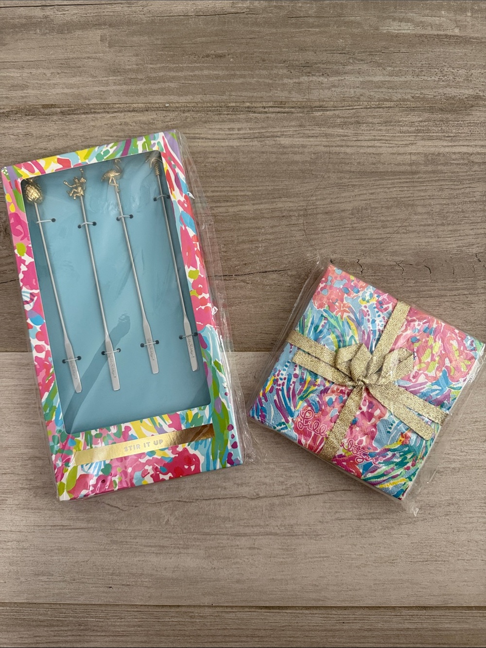 Lilly Pulitzer Gold-Topped Cocktail Stir Sticks with Bright Multicolor Frame